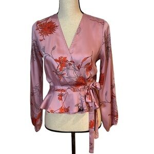 Topshop Pink Floral Satin Wrap Top Sz-2